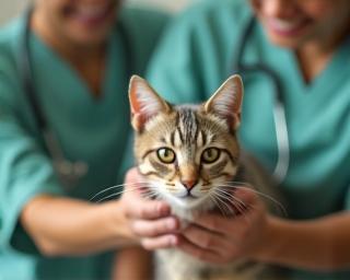 Équipe vétérinaire caressant un chat